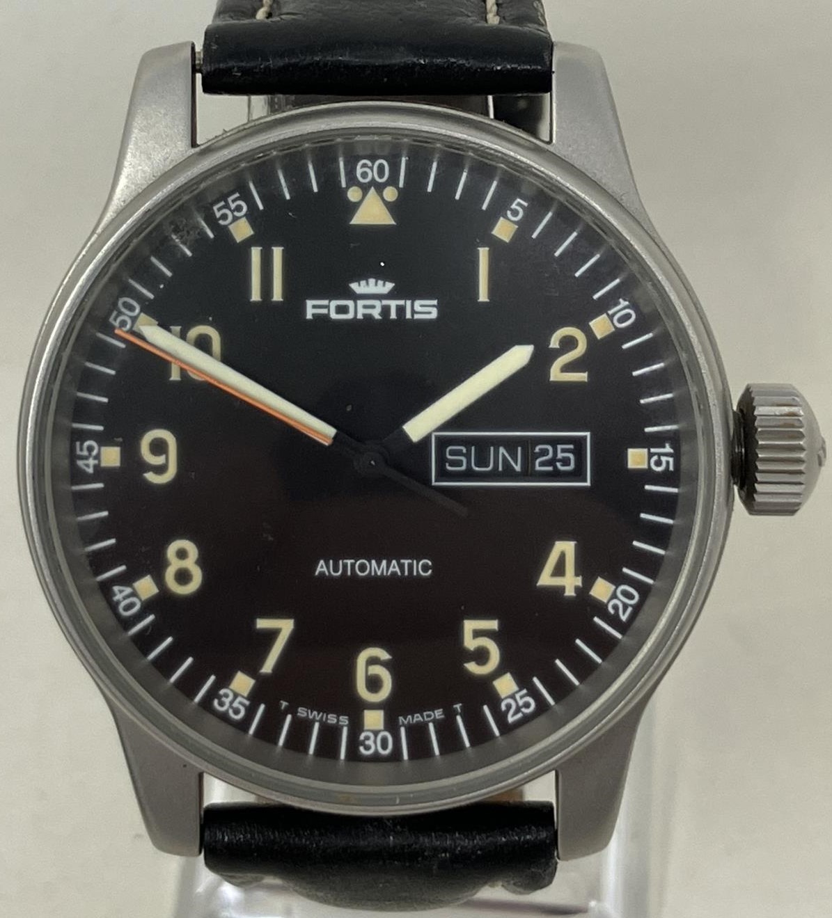 A gentleman's stainless steel Fortis Automatic wristwatch, on a leather strap, boxed