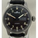 A gentleman's stainless steel Fortis Automatic wristwatch, on a leather strap, boxed