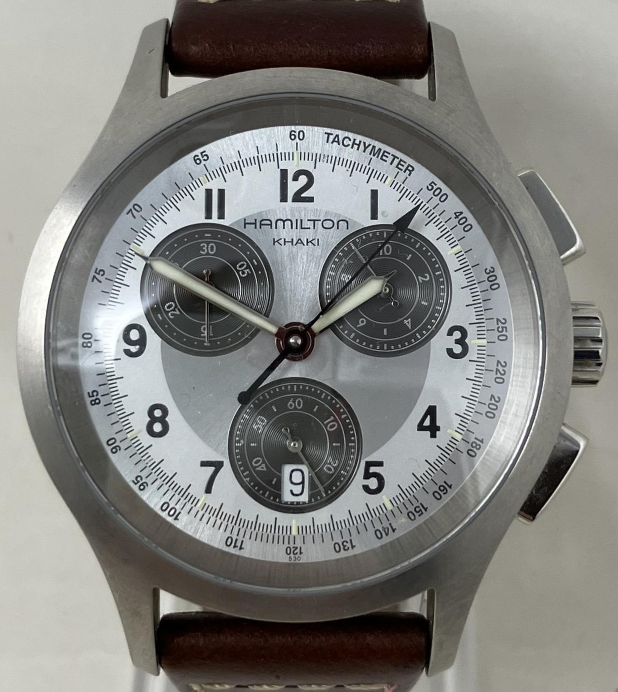 A gentleman's stainless steel Hamilton Khaki wristwatch, on a leather strap, boxed watch not running