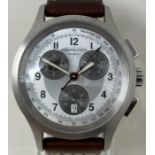 A gentleman's stainless steel Hamilton Khaki wristwatch, on a leather strap, boxed watch not running