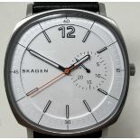 A gentleman's stainless steel Skagen Rungsted wristwatch SKW6256, on a leather strap, boxed, with