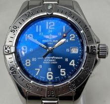 A gentleman's stainless steel Breitling Superocean Automatic 1000M/3300FT wristwatch, with a blue