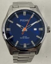 A gentleman's stainless steel Pulsar 100M wristwatch, boxed, with instructions and spare links,