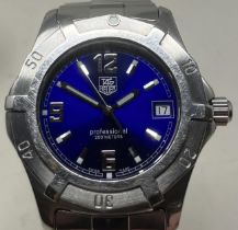 A gentleman's stainless steel Tag Heuer Professional 200 Meters wristwatch, with a blue dial and