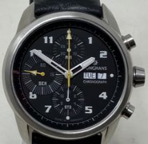 A gentleman's stainless steel Junghans Chronograph Automatic wristwatch, on a leather strap No box