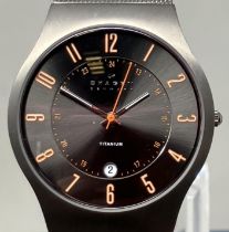 A gentleman's titanium Skagen 233XLTTMO wristwatch, on a steel mesh strap, boxed, with instruction