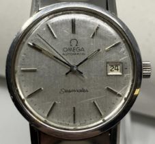 A gentleman's stainless steel Omega Automatic Seamaster wristwatch, with baton indices and a date,