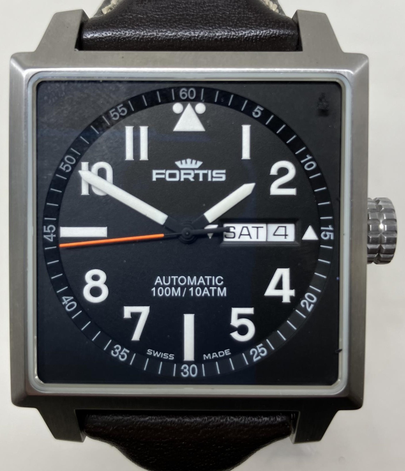 A gentleman's stainless steel Fortis Square no.2037 wristwatch, on a leather strap, boxed watch