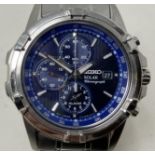 A gentleman's stainless steel Seiko Solar Chronograph wristwatch, boxed, with certificate,