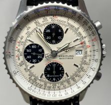 A gentleman's stainless steel Breitling Navitimer wristwatch, on a leather strap, boxed, with