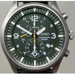 A gentleman's stainless steel Seiko Chronograph 100m wristwatch, on a fabric strap, boxed, with