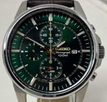 A gentleman's stainless steel Seiko Chronograph 100m wristwatch, on a leather strap, boxed, with