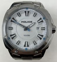 A gentleman's stainless steel Police 10 ATM wristwatch, boxed, with warranty booklet, instruction