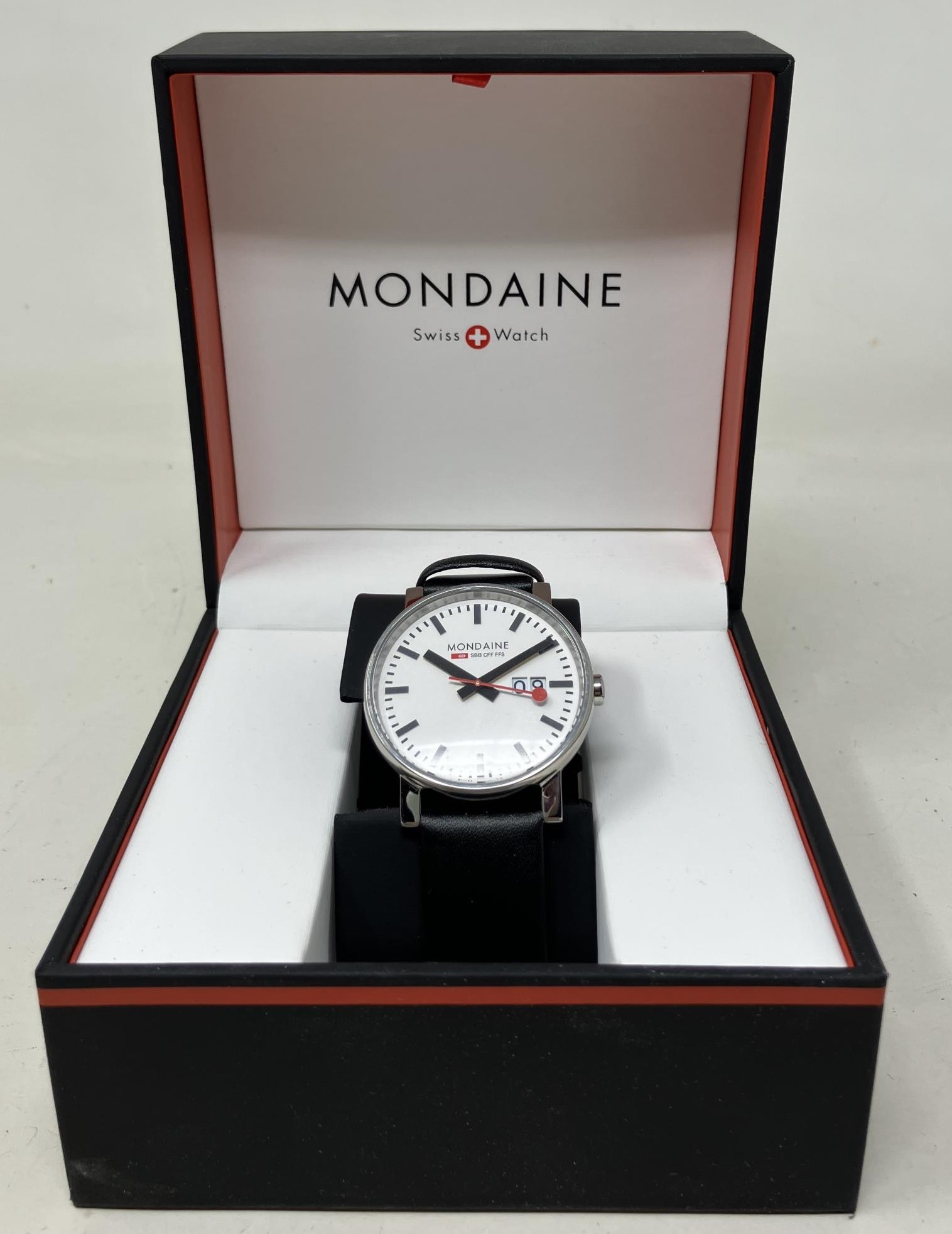 A ladies stainless steel Mondaine SBB CFF FFS wristwatch, on a leather strap, boxed, with a tag - Image 2 of 3