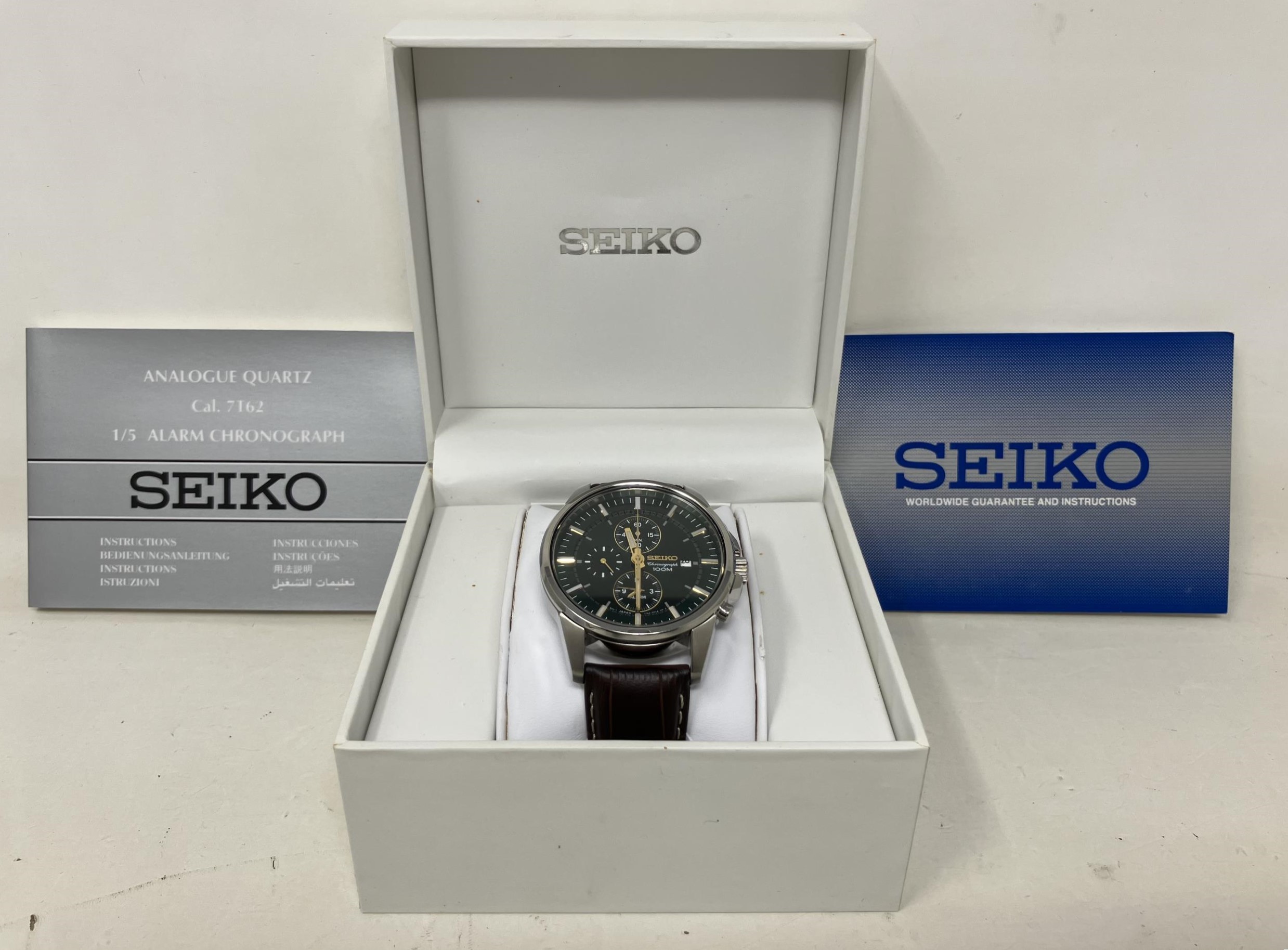 A gentleman's stainless steel Seiko Chronograph 100m wristwatch, on a leather strap, boxed, with - Image 2 of 3