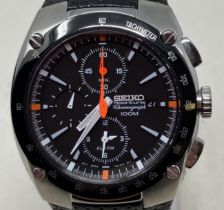 A gentleman's stainless steel Seiko Sportura Chronograph 100m wristwatch, on a leather strap, and