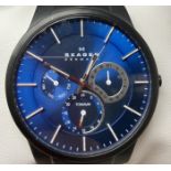 A gentleman's titanium Skagen 809XLTBLN wristwatch, on a leather strap, boxed, with warranty and