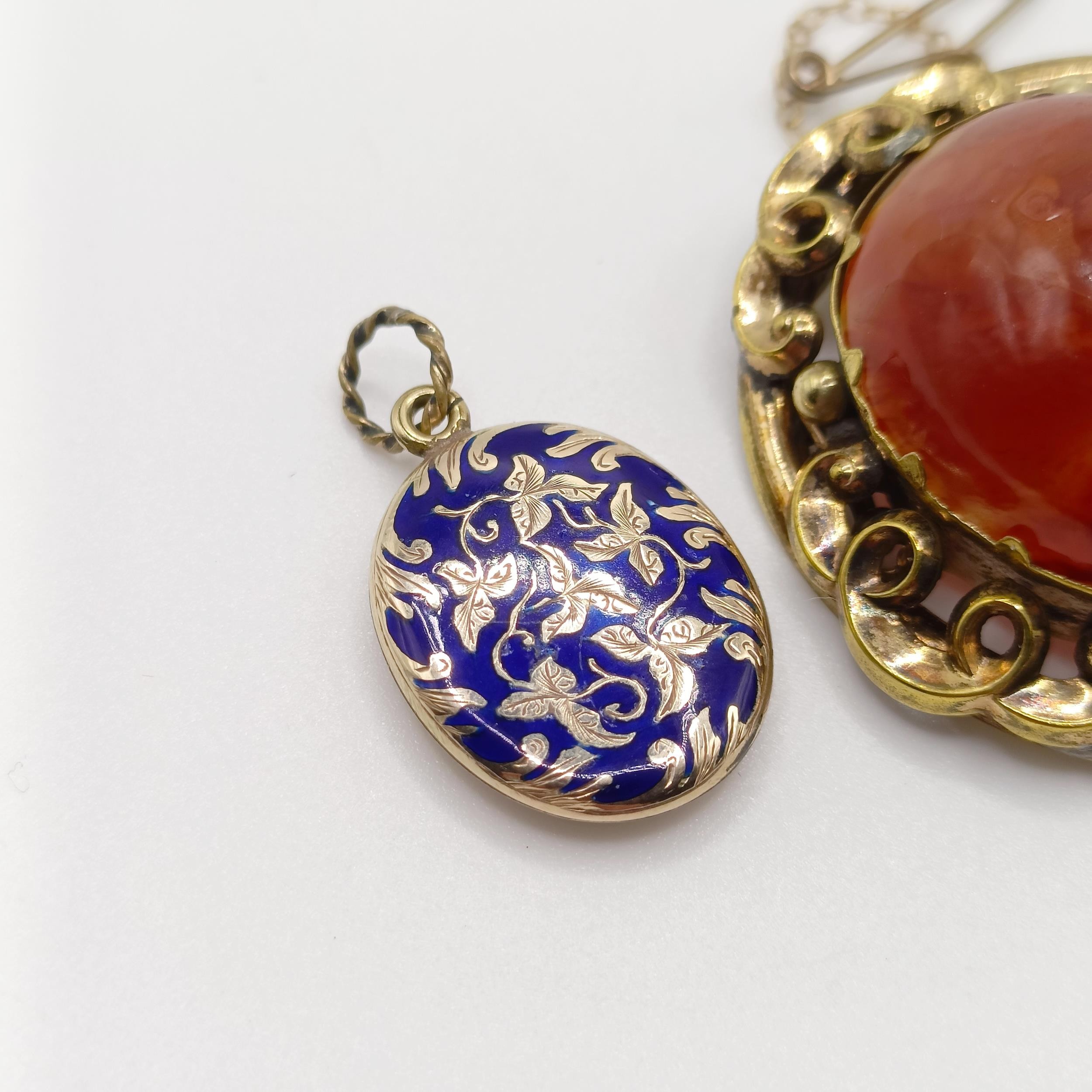 An early 20th century yellow coloured metal and amber coloured stone brooch, and a yellow metal - Image 2 of 6
