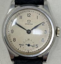 A ladies stainless steel Omega wristwatch, on a later leather strap distance between 17 mm case