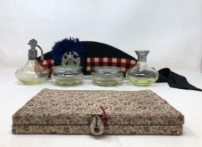 An Art Deco style silk purse, a Glengarry hat, and part of a dressing table set Provenance: Sold
