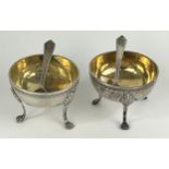 A pair of Continental silver coloured metal salts, raised on legs with lions paw feet, and a pair of