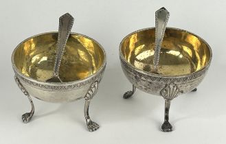 A pair of Continental silver coloured metal salts, raised on legs with lions paw feet, and a pair of