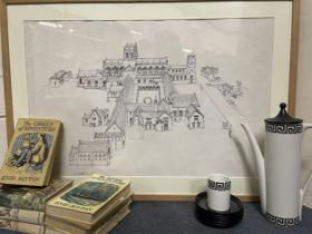 A coffee set, assorted books and a picture of Sherborne