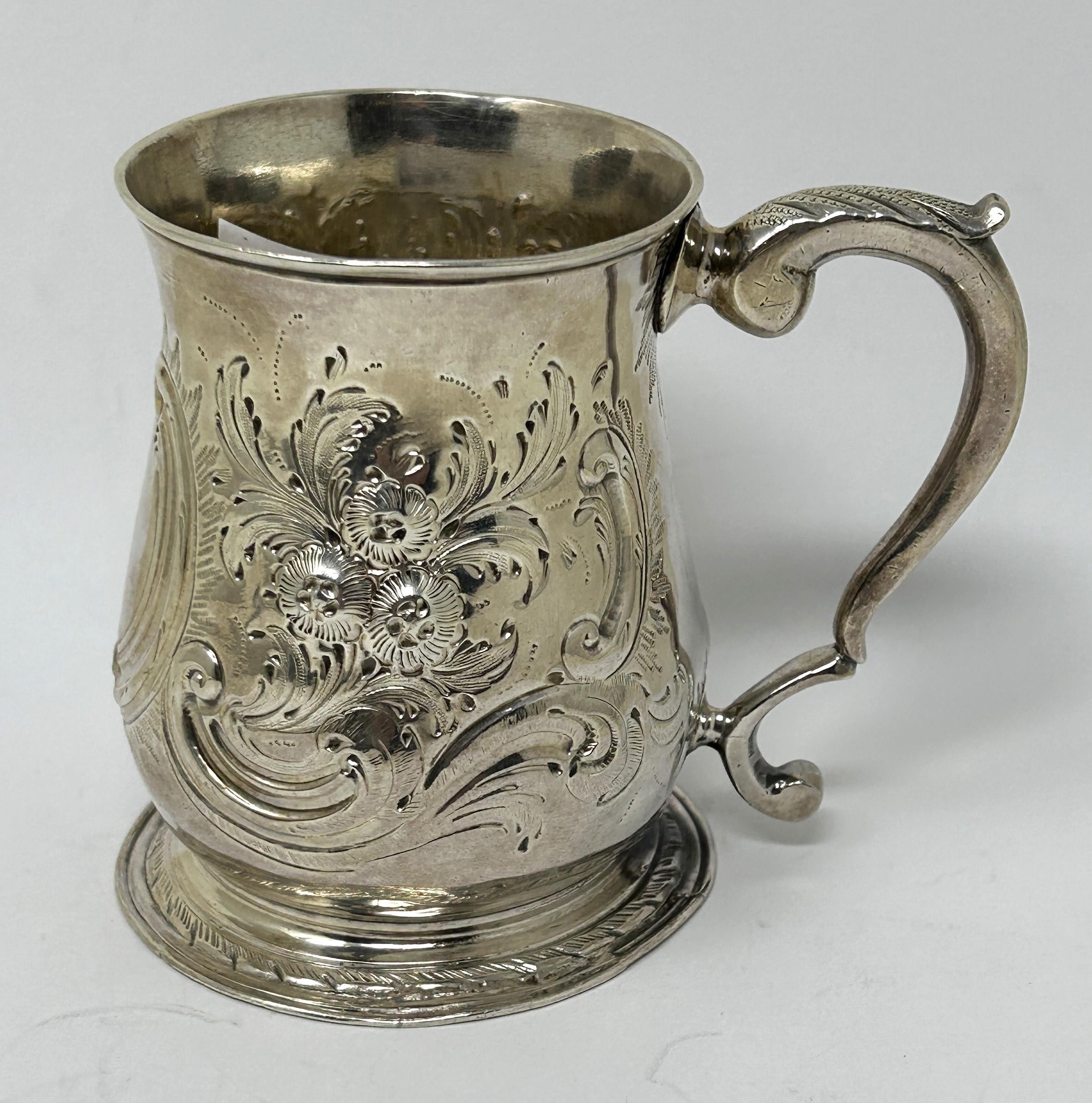 A George III silver mug, marks rubbed, later decorated, 5.1 ozt - Image 3 of 6