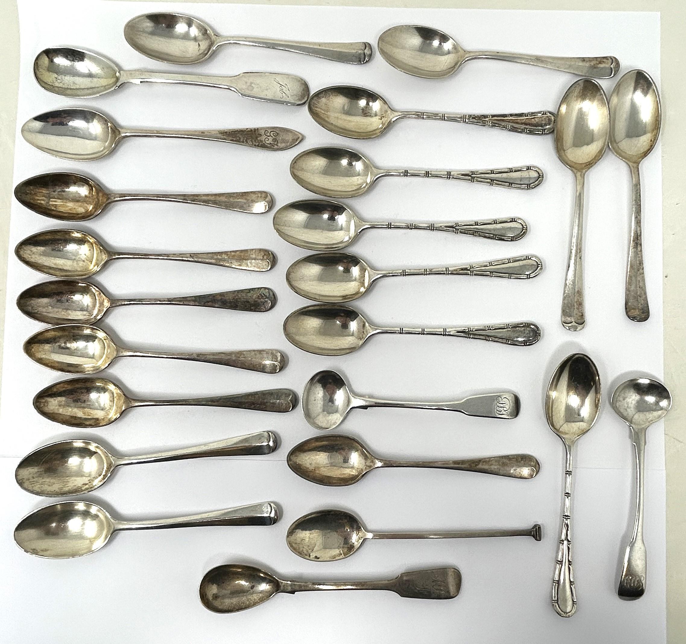 A George III fiddle pattern mustard spoon, assorted other teaspoons, 2 ozt, and three sets of six