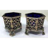 A pair of early Victorian hexagonal pierced silver salts, London 1840, 7.2 ozt, with blue glass