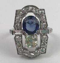 An Art Deco style 18ct white gold, sapphire and diamond panel ring, ring size M Diameter of sapphire