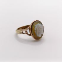 A 9ct rose gold ring, set with a carved shell cameo, ring size M