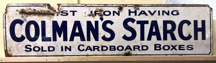 An enamel sign, INSIST ON HAVING COLMAN'S STARCH, SOLD IN CARDBOARD BOXES, 40 x 165 cm