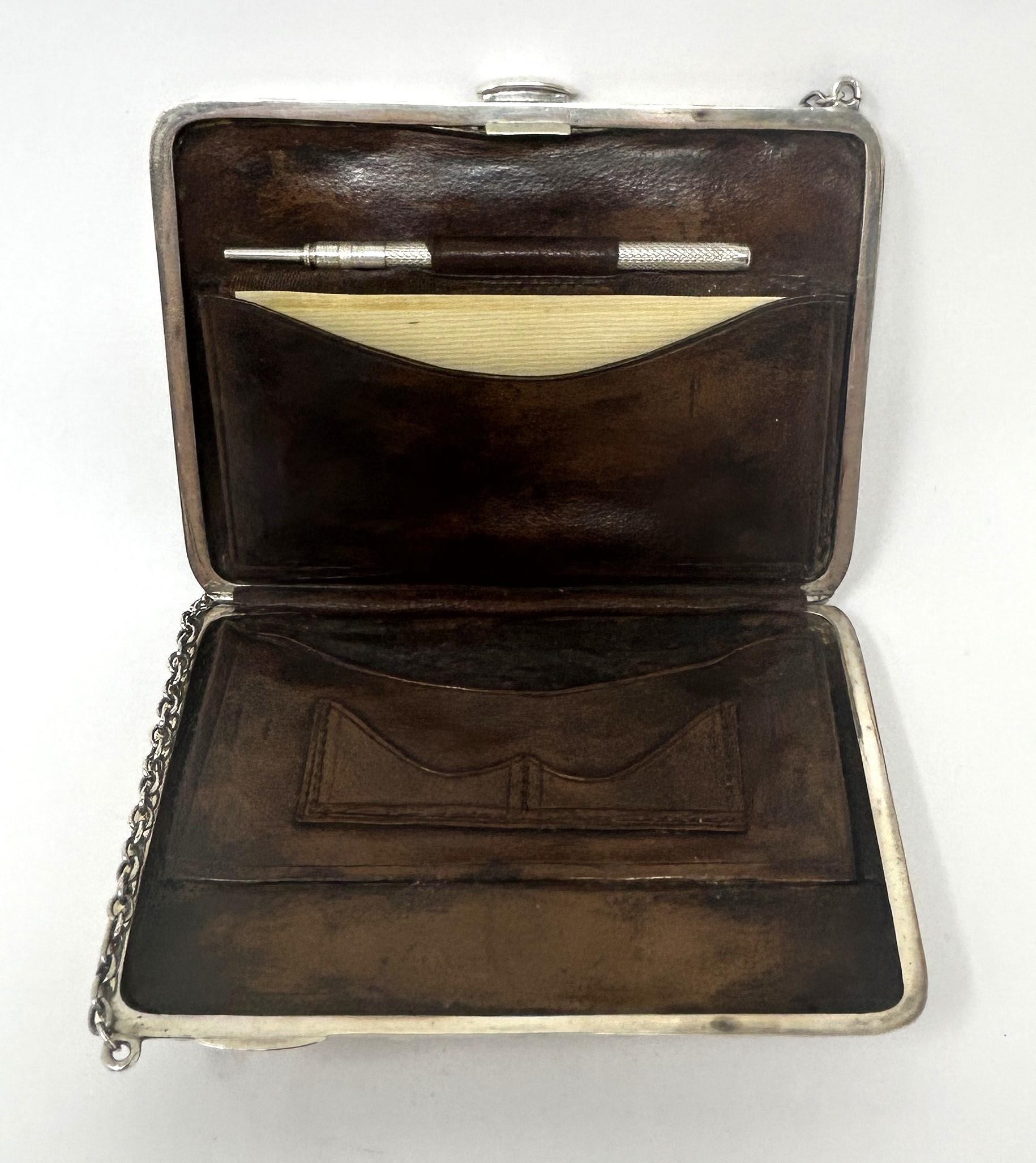 A George V silver purse, with a leather interior, Birmingham 1914, 4.2 ozt all in - Image 6 of 6