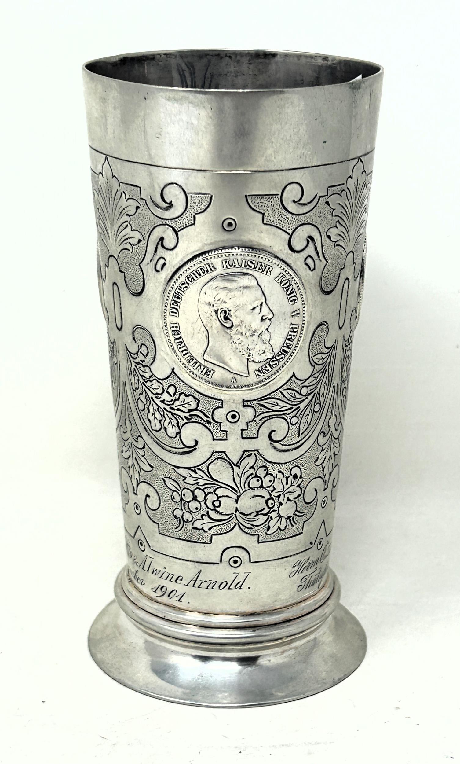 A Continental silver coloured metal beaker, inset with coins, .800 6.4 ozt - Image 3 of 9