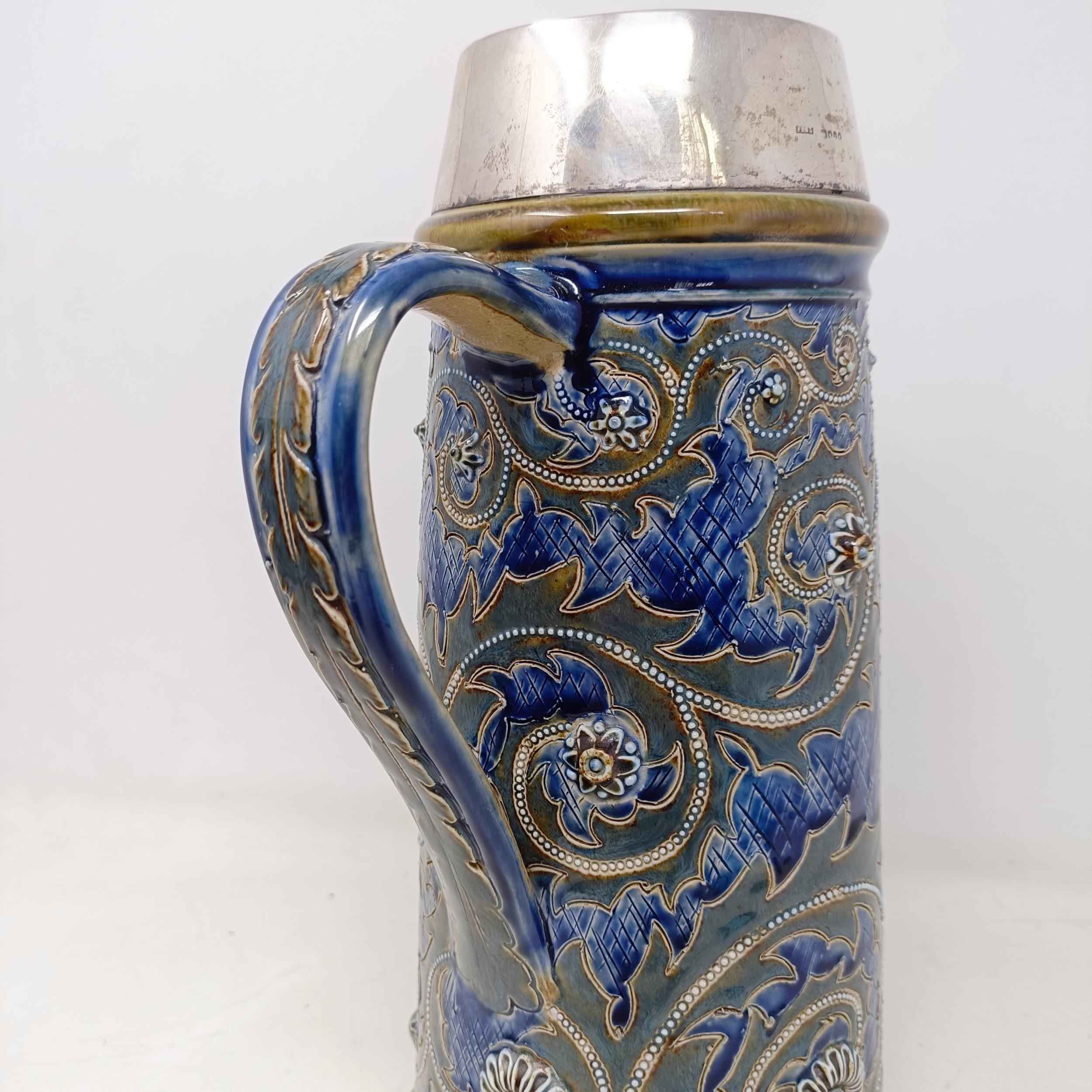 A Doulton Lambeth jug, by George Tinworth, decorated floral motifs, with a silver mount, marks - Image 2 of 11