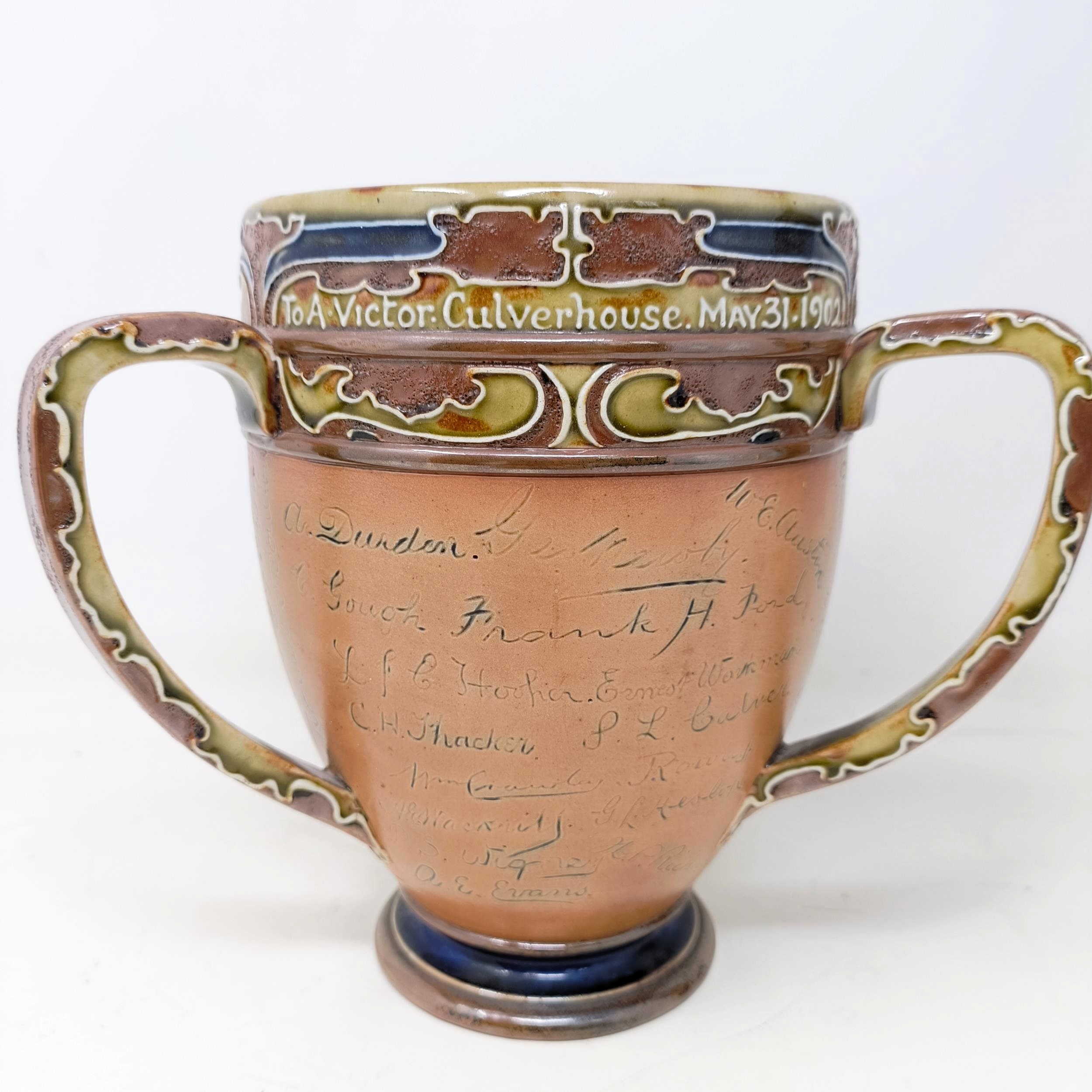 A Royal Doulton three handled retirement loving cup, by Mark Marshall, with various signatures of - Image 2 of 11