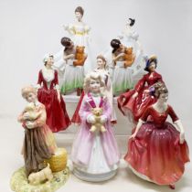 A Royal Doulton figure, Gwynneth Lilac Time HN2137, Faith HN3082, Winter Welcome HN3611, And One For