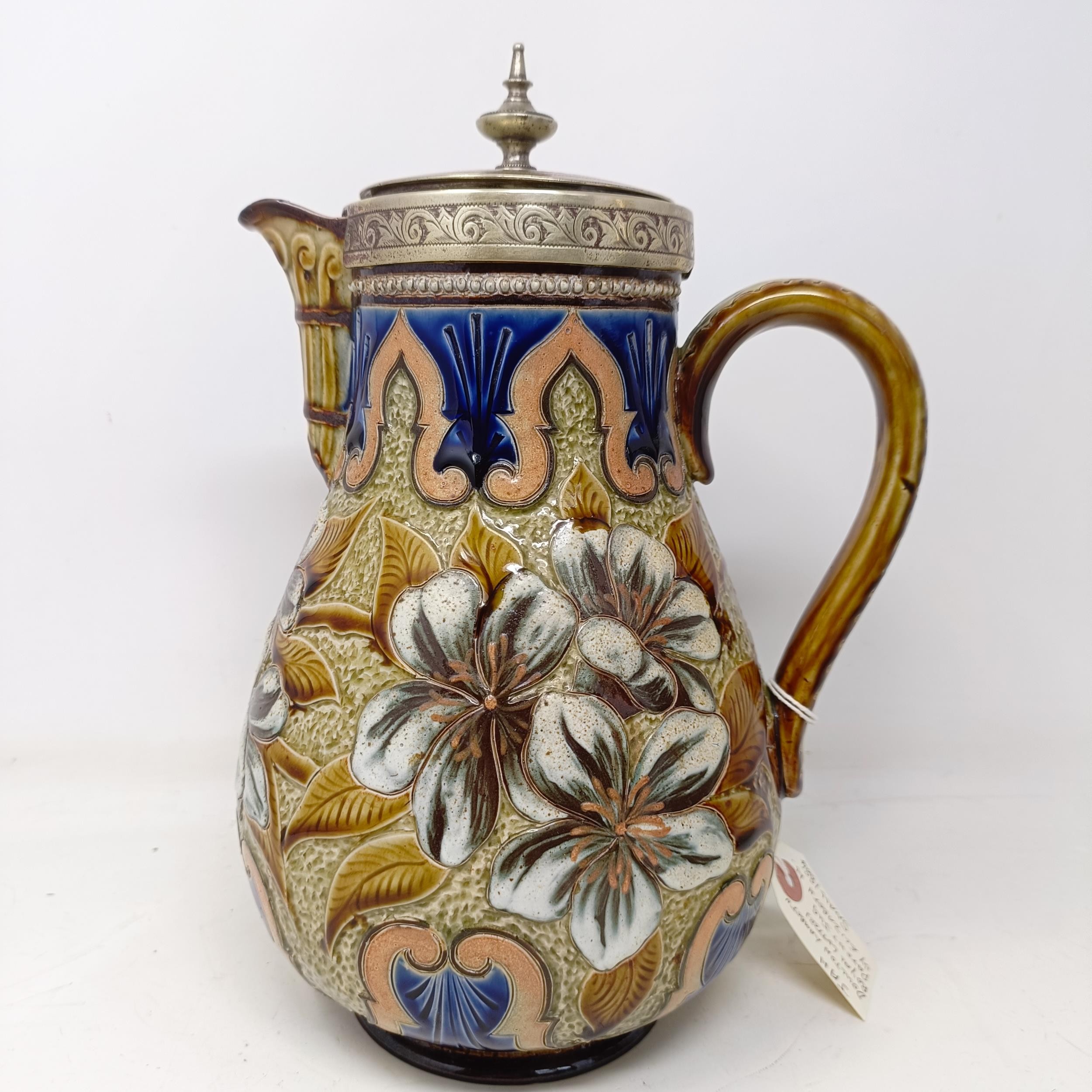 A Doulton Lambeth jug, by Elizabeth M Small, decorated flowers, with a silver plated mount and - Image 5 of 12