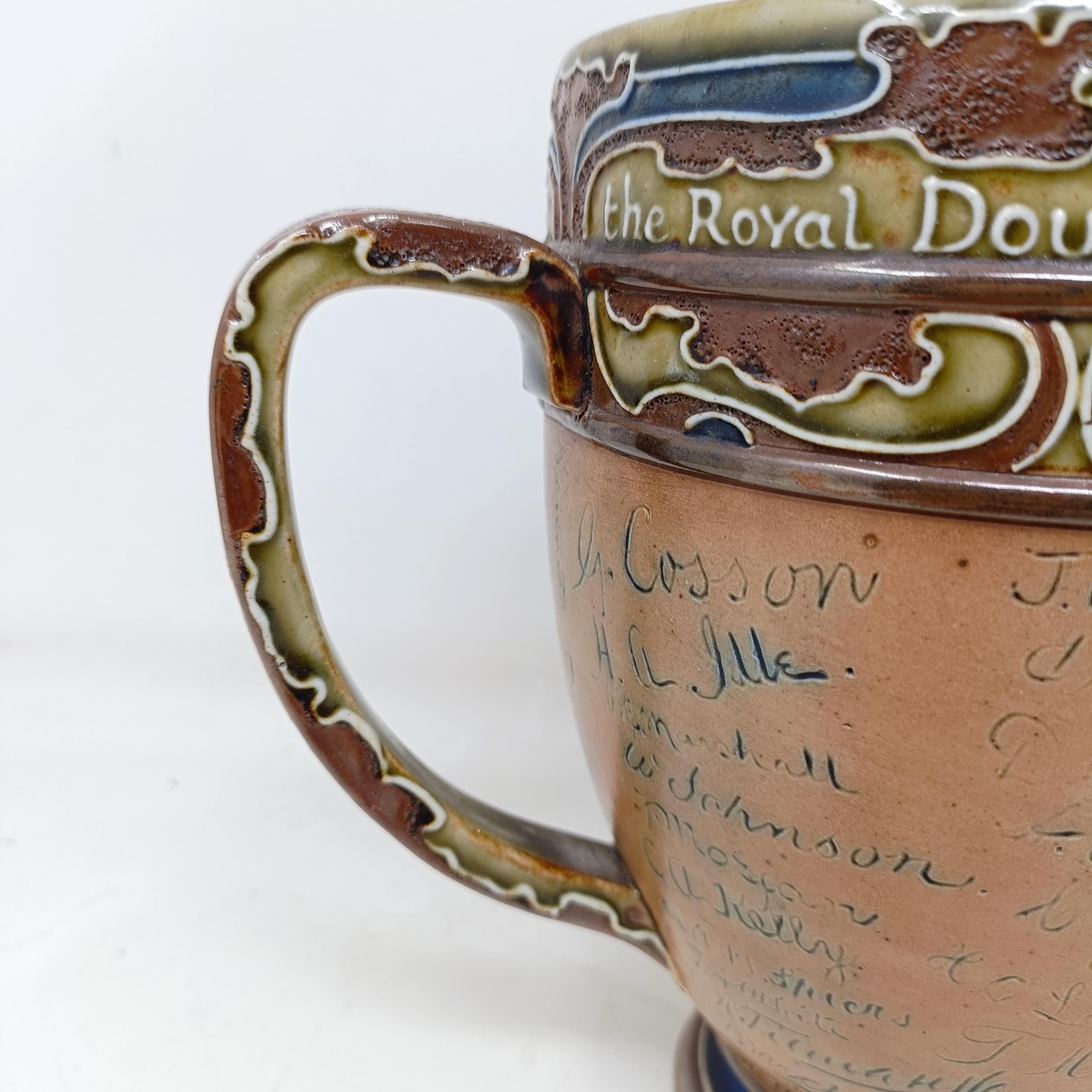 A Royal Doulton three handled retirement loving cup, by Mark Marshall, with various signatures of - Image 9 of 11