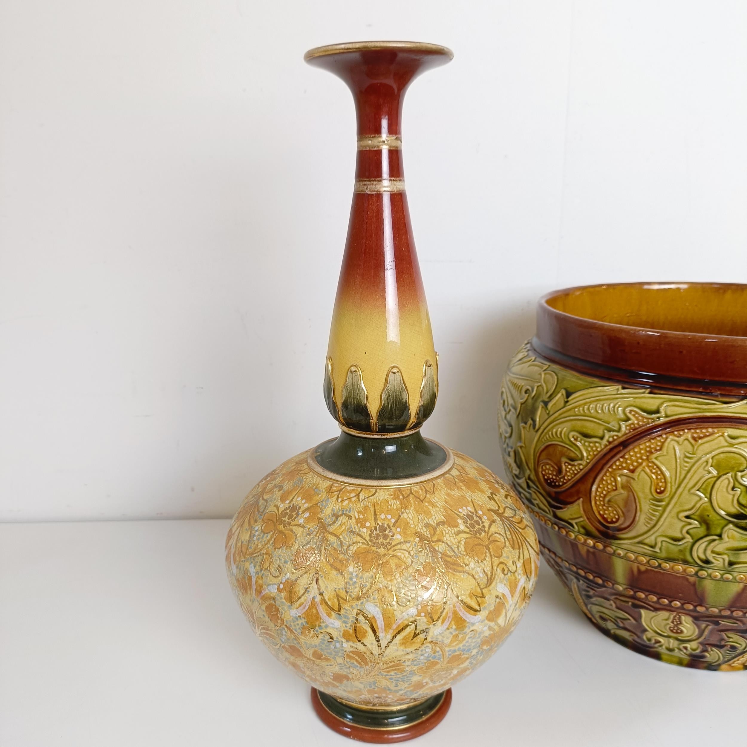 A Royal Doulton vase, decorated with flowers, 43 cm high, a jardinière, 29 cm diameter, and an oil - Image 3 of 19