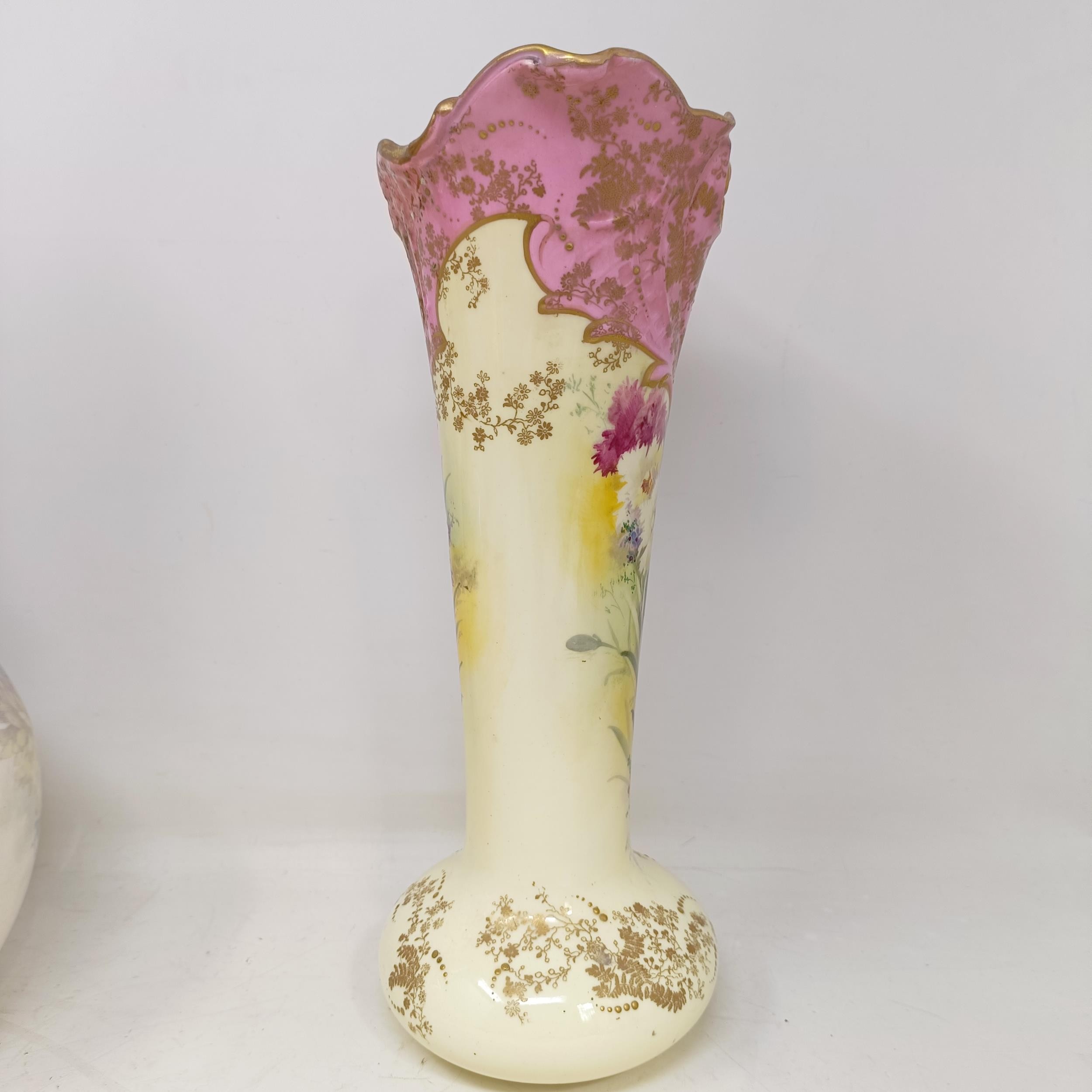 A Doulton Burslem ewer, decorated flowers, 34 cm high, a vase, 28 cm high, a twin handled vase, 18 - Image 16 of 22