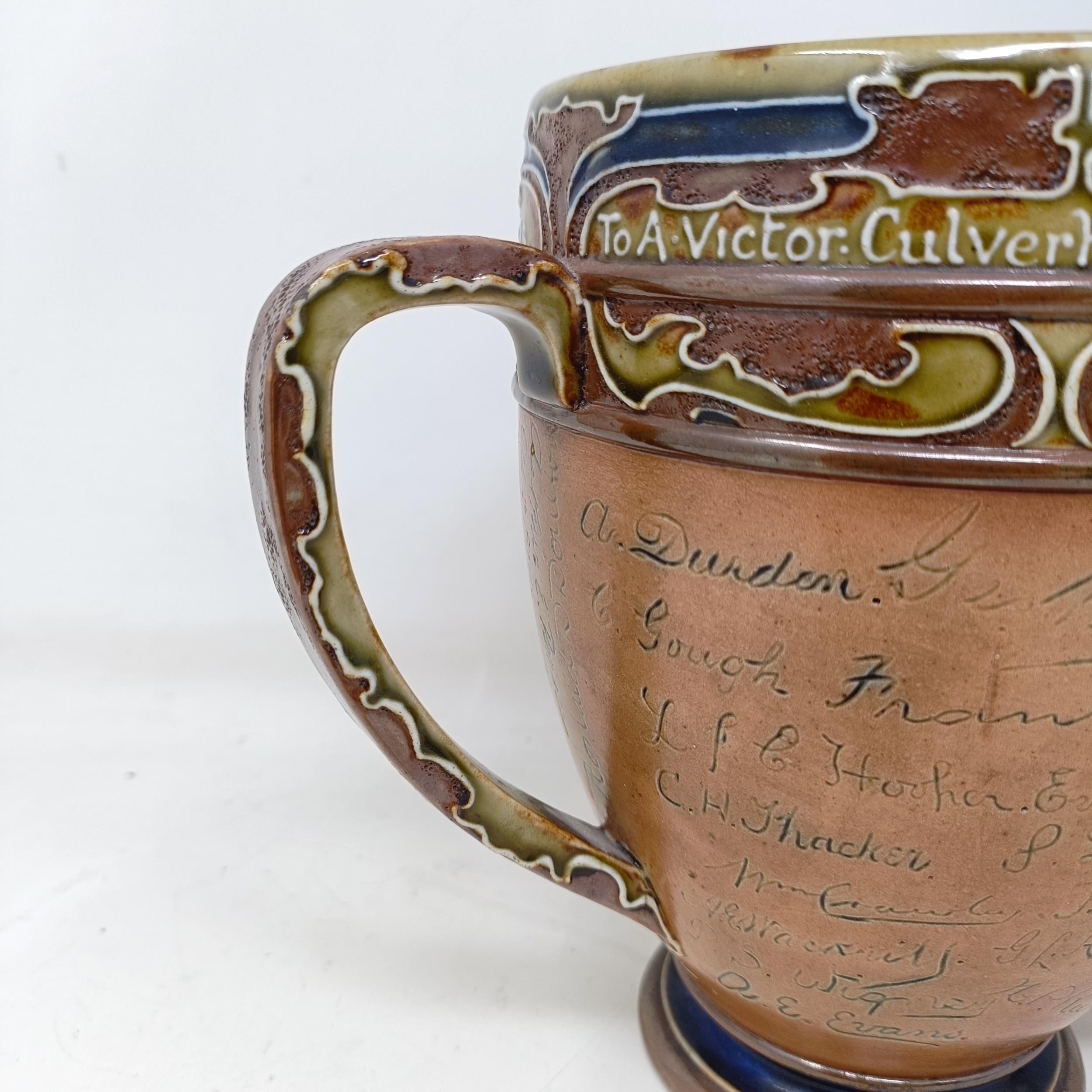A Royal Doulton three handled retirement loving cup, by Mark Marshall, with various signatures of - Image 6 of 11