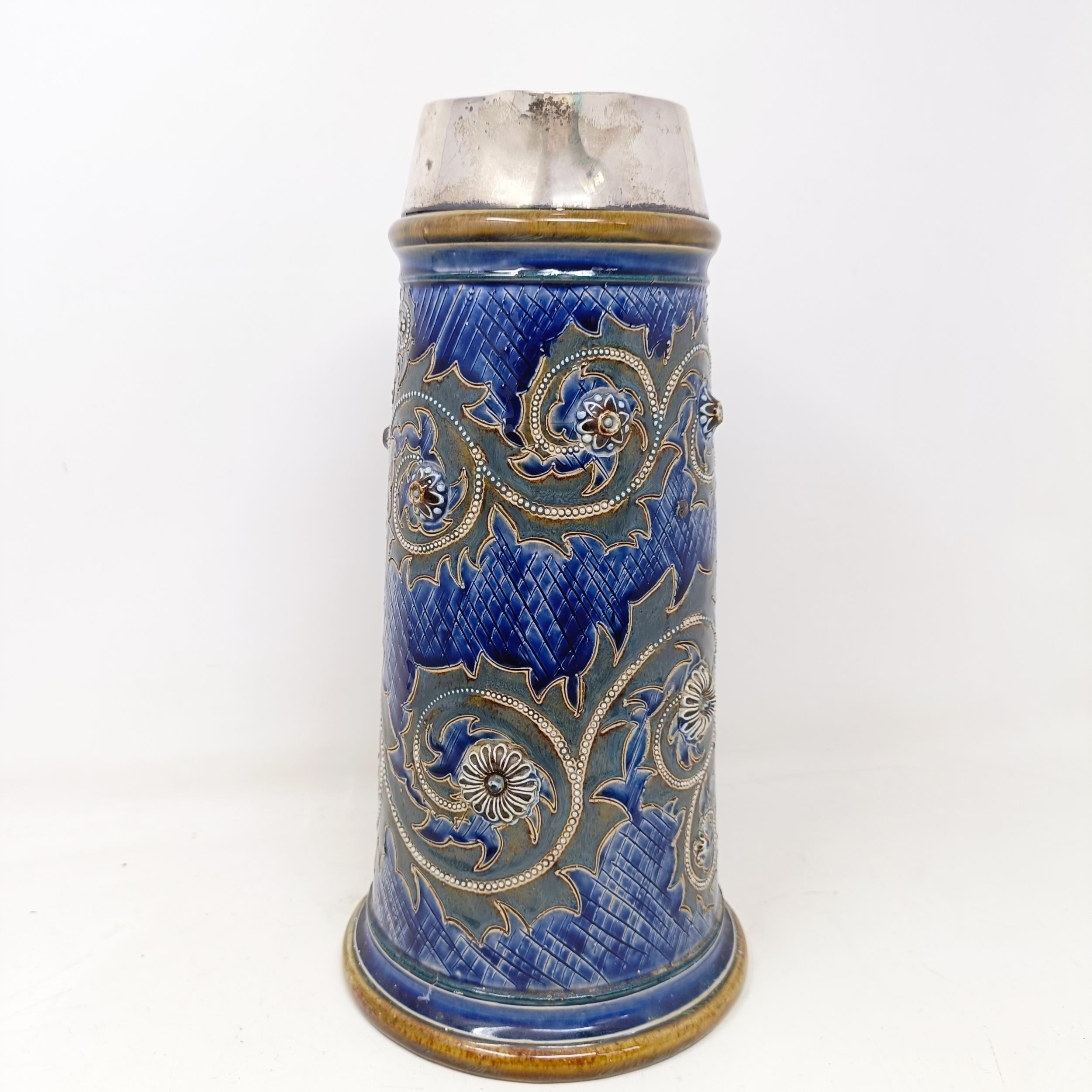 A Doulton Lambeth jug, by George Tinworth, decorated floral motifs, with a silver mount, marks - Image 6 of 11