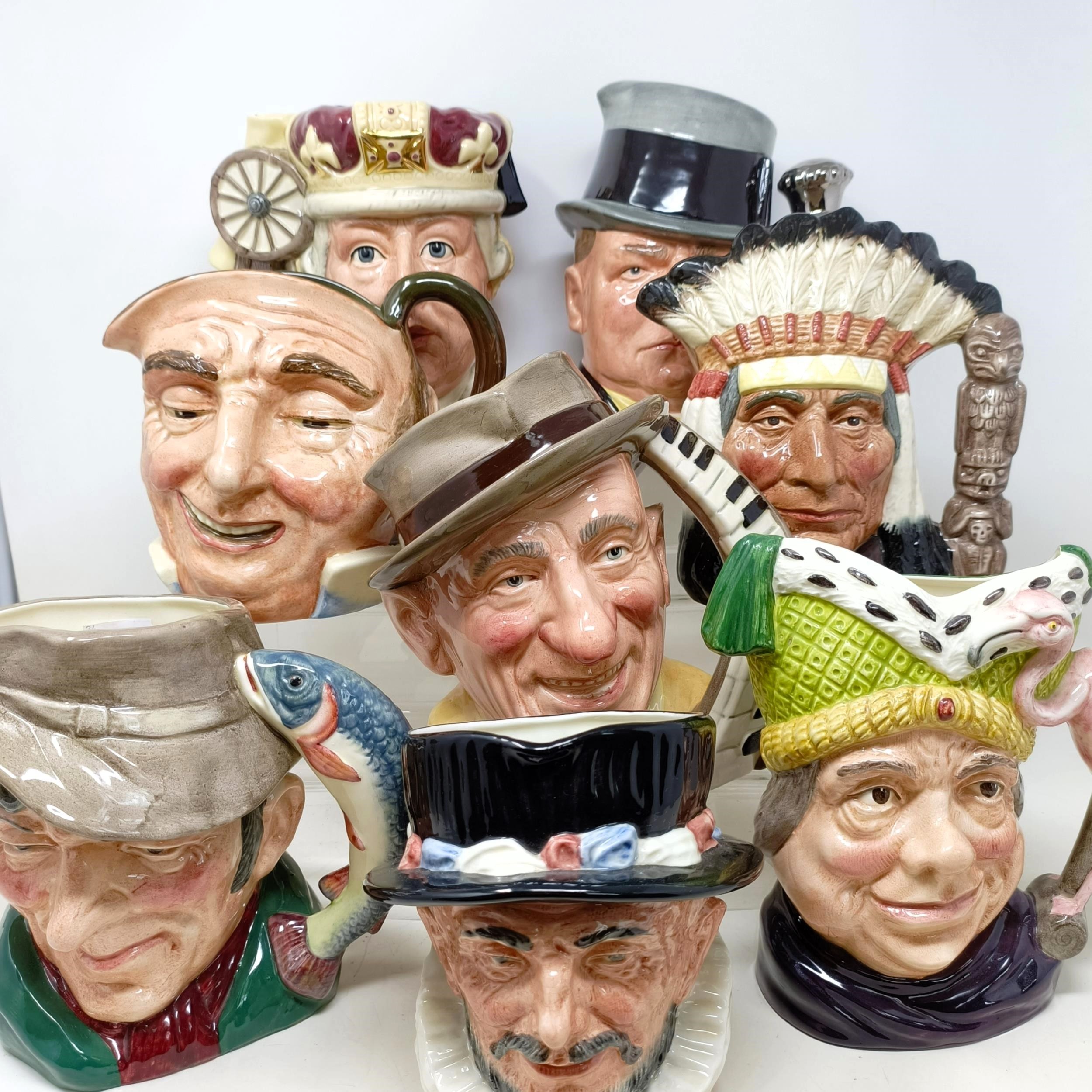 A Royal Doulton character jug, The Poacher D6429, Farmer John, George III D6749, W C Fields D6674,