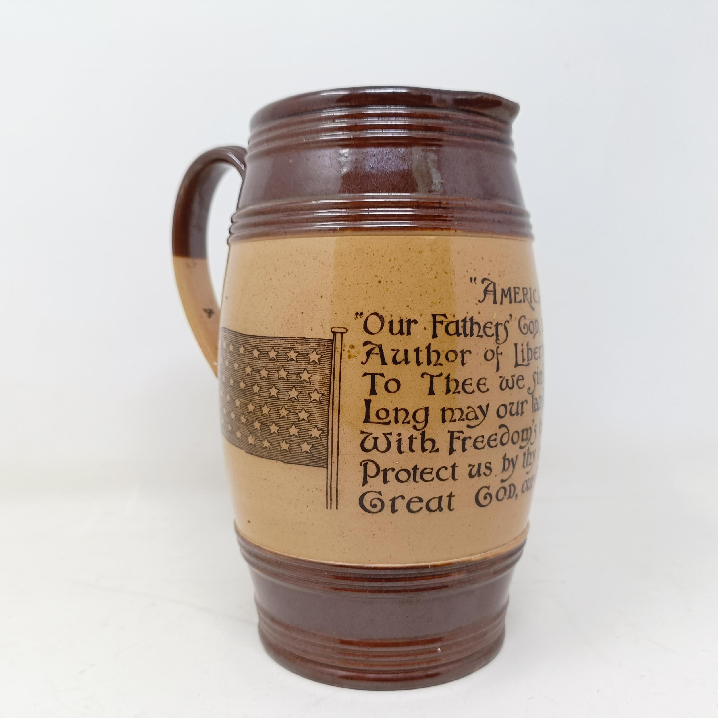 A Doulton Lambeth jug, inscribed with motto, 'America Our Fathers God To Thee Author Of - Image 5 of 7