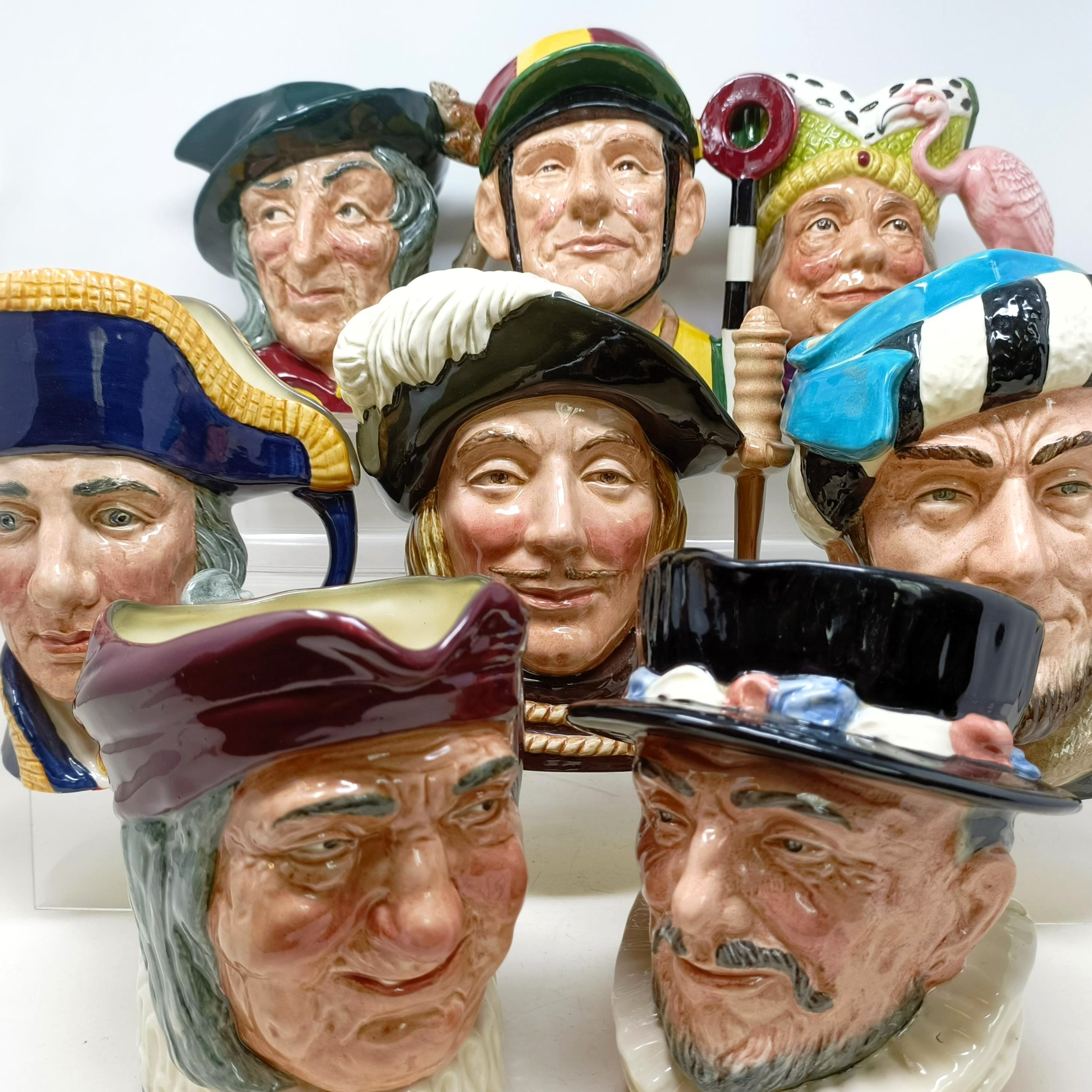 A Royal Doulton character jug, The Falconer D6533, Beefeater D6206, Simon The Cellarer, Ugly Duchess