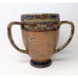 A Royal Doulton three handled retirement loving cup, by Mark Marshall, with various signatures of