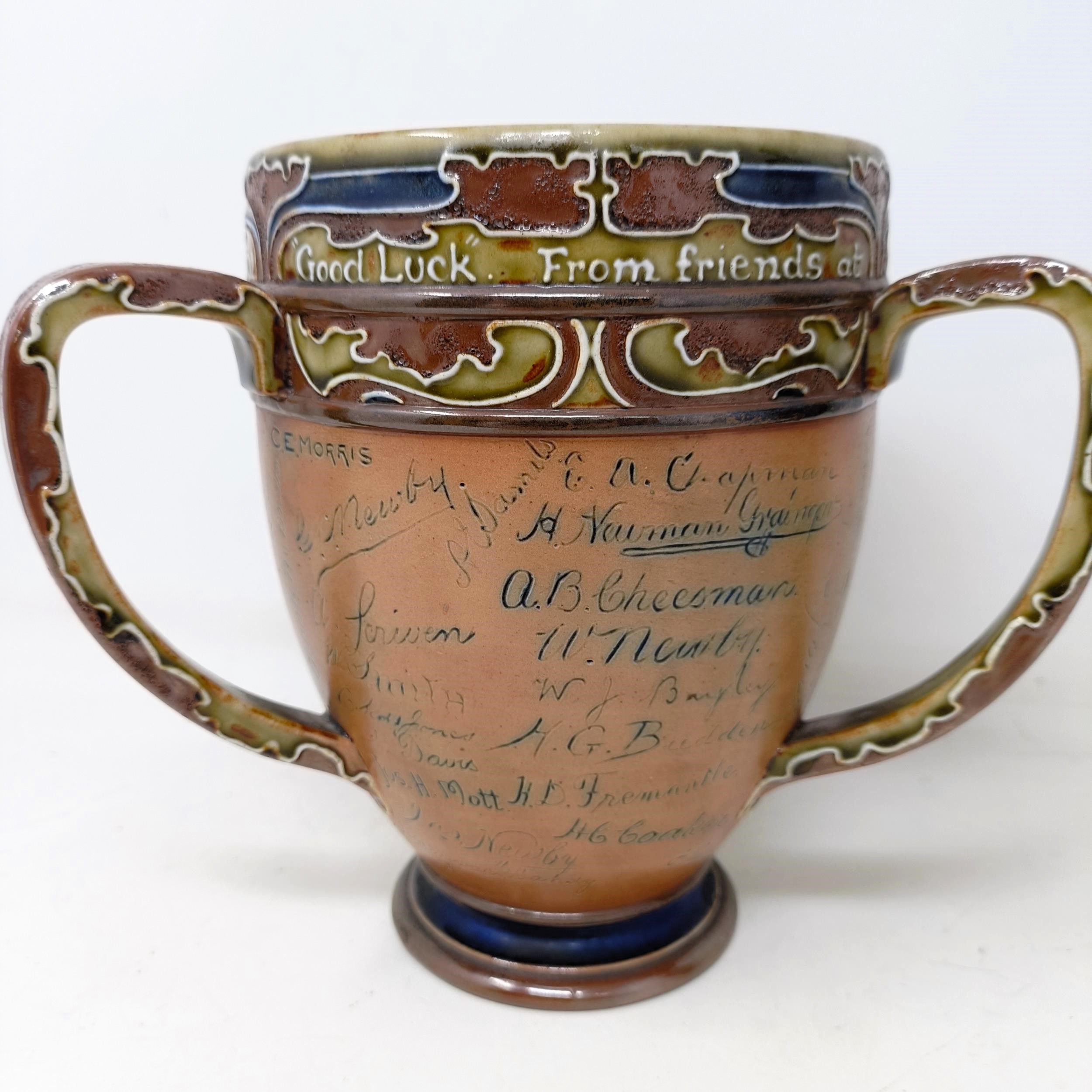 A Royal Doulton three handled retirement loving cup, by Mark Marshall, with various signatures of - Image 3 of 11
