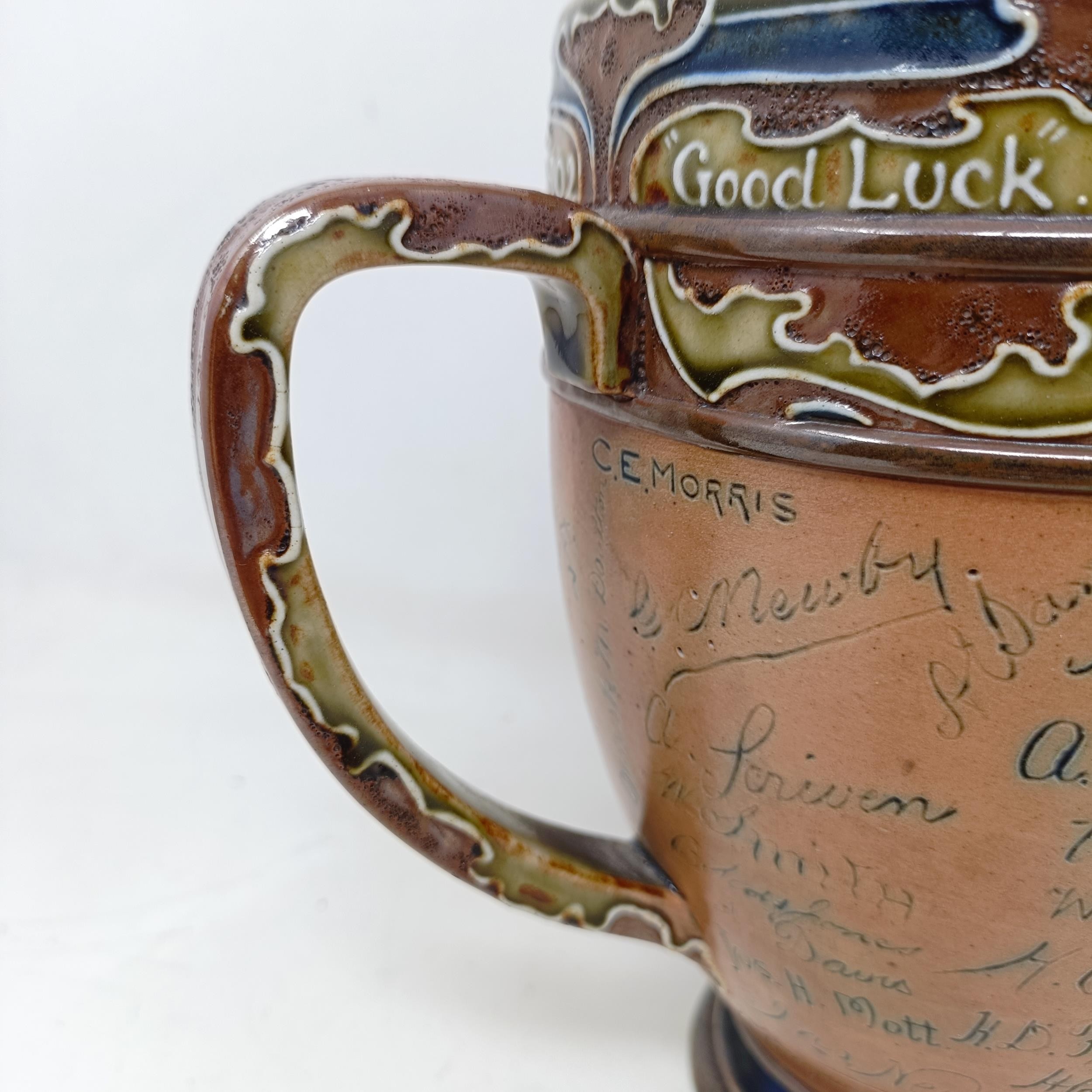 A Royal Doulton three handled retirement loving cup, by Mark Marshall, with various signatures of - Bild 5 aus 11